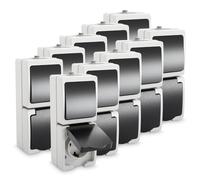 ABSINA Combinación de toma corriente e interruptor superficie IP44 | Paquete de 10 - 10 tomas corriente con contacto protección y conmutador superficie para lugares húmedos - 250V 16A