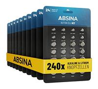 ABSINA Pack de 240 Pilas botón Alcalinas & Litio - 20x AG1 LR621, AG3 LR41, CR2016, CR2025 / 40x AG4 LR66, AG10 LR1130, AG13 LR44, CR2032 - Pila 1,5V & 3V - Baterías de botón