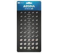 ABSINA Pack de 50 Pilas botón Alcalinas - 10x AG1 LR621, AG4 LR66, AG10 LR1130 / 15x AG3 LR41/ 5X AG13 LR44 - Surtido 1,5V a Prueba de Fugas - Set de Pilas variadas, Baterías Mixtas