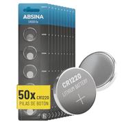ABSINA Pilas Boton CR1220 3V | Paquete de 50 - CR 1220 pilas para reloj swatch antifugas & larga duración - pila boton 3 voltios llaves coche, y más