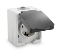 ABSINA Toma de corriente de superficie con contacto de puesta a tierra para emplazamientos húmedos - Toma de corriente de superficie de 1 gancho con tapa abatible IP44, 250V, 16A, 2 polos