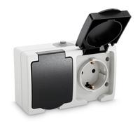 ABSINA Toma de corriente de superficie con contacto de puesta a tierra para lugares húmedos - Toma de corriente de superficie de 2 gangs con tapa abatible IP44, 250V, 16A, 2 polos