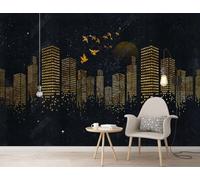 Abstracto Dorado Ciudad Arquitectura Pájaros En Vuelo 3D Papel Pintado Pared Fácil Instalación Oficina Sala Estar Sofá Dormitorio TV Fondos Decoración-300cm×210cm