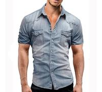 ABUCIYO Camisa Delgada de Mezclilla de los Hombres Manga Corta algodón Suave Dos Bolsillos Delgado Ligero elástico Vaquero Camisa de Vaquero