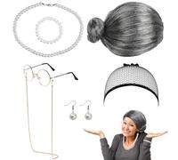 Abuela Cosplay Accesorio, 7 Piezas Peluca Abuela Accesorio Disfraz, con Gris Abuela Peluca Abuela Gafas, Joyería Perlas Collar Pendientes Pulsera, Adecuado para Carnaval, Halloween Juegos de rol
