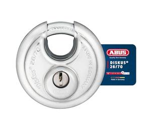 ABUS Candado Discus 26/70 - resistente a la intemperie - con taladro y cilindro protegido contra tirones - nivel de seguridad 8 - plata