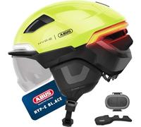 ABUS Casco de bicicleta HYP-E B.LACE: con luz delantera, trasera y intermitente, así como luz de freno activable sin cables; con visera y protectores para las orejas; talla S, color gris.