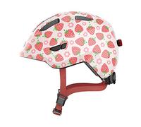 ABUS Casco infantil Smiley 3.0 LED - casco de bicicleta con luz - ajuste profundo y espacio para una coleta - para niñas y niños - rosa con dibujo de fresas, talla M