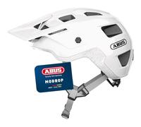 ABUS Casco MTB MoDrop para Bicicleta de Montaña, Blanco, L | Tecnología In-Mold, sistema de ajuste, soporte para gafas, apertura para coleta