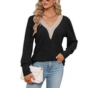 ABYOVRT Mujer Jerseys De Manga Larga con Cuello En V con Encaje Dorado Sudadera Mujer Jersey de Tops Túnicas Pullover Casual Sudadera Suéter Otoño Invier,Negro,L