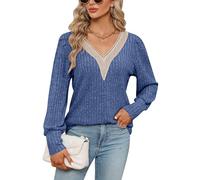 ABYOVRT Mujer Jerseys De Manga Larga con Cuello En V con Encaje Dorado Sudadera Mujer Jersey de Tops Túnicas Pullover Casual Sudadera Suéter Otoño Invier,Azul Oscuro,L