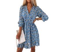 ABYOVRT Mujer Vestido Bohemio Corto Florales Nacional Verano Vestido Casual Magas Cortas Chic de Noche Playa Vacaciones,Azul,S
