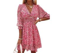 ABYOVRT Mujer Vestido Bohemio Corto Florales Nacional Verano Vestido Casual Magas Cortas Chic de Noche Playa Vacaciones,Rojo,XL