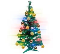 AC - Árbol de Navidad Verde - Decorado con Set de 16 Bolas Color Dorado y Luces Leds Navideñas a Pilas Multicolor (240 Leds) - Altura del Árbol: 90 cm - Fácil Montaje