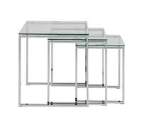 AC Design Furniture Jannis Juego de 3 Mesas Auxiliares de Cristal Transparente y Metal Cromado, Mesa de Centro de 3 Piezas para el Salón, Juego de Mesa de Centro, Al: 55 x An: 50 x P: 50 cm