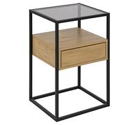 AC Design Furniture Mesita de Noche Cuadrada Radek, 2 estantes, Tapa de Cristal, cajón de Madera, Marco de Metal Negro, fácil Acceso al cajón, versátil