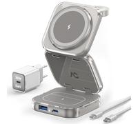 AC Island Cargador mag-Safe, Cargador inalámbrico 5 en 1 para iPhone, Estación de Carga Plegable para Viajes, Compatible con Las Series iPhone 16/15/14/13/12, Apple Watch y AirPods -Gris Transparente