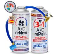 AC KIT Completo Recarga Aire Acondicionado Coche con Aceite Sellador Detector Tapa Fugas, Sustituto Gas Refrigerante R134a R12 - Manómetro LP, Natural y Ecológico Recambio Compatible Coches 1992-2016