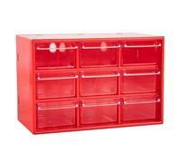 AC - Organizador multiusos de plástico - 9 cajones - Clasificador para Piezas pequeñas, Tornillos, Botones, Taller, Costura - Fabricado en España - 18,5 x 10 x 12 cm - Rojo
