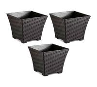 AC - Pack de 3 macetas Cuadrada - Fabricación en plástico - Diseño Rattan - Ideal como macetero, Tiesto, Recipiente para Plantas, Flores, balcón, terraza, jardín - 25 cm - Color Wengué