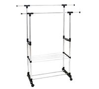AC - Perchero Extensible Doble con Ruedas - Ajustable - Acero Inoxidable - Perchero Burro 2 Barras 1 Estante, Totalmente Extensible. (80-155 Cm)