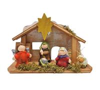 AC - Portal Nacimiento Infantil con 5 Figuras y luz - Estilo Naïf - Cerámica, contrachapado y Musgo - Funcionamiento con Pilas - Adorno para Belén, Navidad, decoración - 15 x 22,5 x 8,2 cm