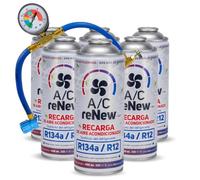 AC RENEW Kit Recarga Aire Acondicionado Coche Sustituto Gas Refrigerante R134a R12 Manómetro LP Carga 220g Más Rendimiento Natural Ecológico Fácil de Usar - Recambio Compatible Coches 1992-2016 Pack 6