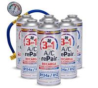 AC REPAIR 3 en 1 Kit Recarga Aire Acondicionado Coche con Aceite y Sellante Detector Tapa Fugas 220g Sustituto Gas Refrigerante R134a R12 Manómetro LP Recambio Sellador para Coches 1992-2016 Pack 6