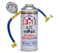 AC REPAIR 3 en 1 Kit Recarga Aire Acondicionado Coche con Aceite y Sellante Detector Tapa Fugas 220g Sustituto Gas Refrigerante R134a R12 Manómetro LP Recambio con Sellador Compatible Coches 1992-2016