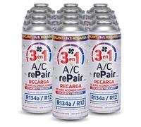 AC REPAIR 3 en 1 Recarga Aire Acondicionado Coche con Aceite Sellante Detector Tapa Fugas 220g Sustituto Gas Refrigerante R134a R12 Fácil de Usar Recambio Sellador Compatible Coches 1992-2016 Pack 12