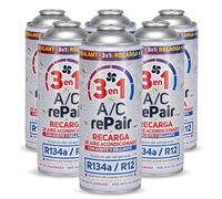 AC REPAIR 3 en 1 Recarga Aire Acondicionado Coche con Aceite Sellante Detector Tapa Fugas 220g Sustituto Gas Refrigerante R134a R12 Fácil de Usar Recambio Sellador Compatible Coches 1992-2016 (Pack 6)