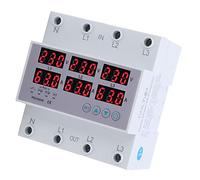 AC230-300V Trifásico Carril DIN Voltímetro Amperímetro Sobretensión Protector contra Sobrecorriente Restablecimiento Automático Pantalla Digital Voltaje Corriente Tiempo Real(63A)