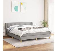 ACAGALA Cama con somier con colchón de 180 x 200 cm, tapizada de tela para cama de matrimonio con cabecero de altura ajustable, estructura de cama con cabecero y top, tela a rayas verticales, gris