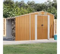ACAGALA Cobertizo de metal con techo a dos aguas y base, puerta corredera, 4 x ventilación, cobertizo de jardín, resistente a la intemperie, para terraza, patio y jardín, 277 x 192,5 x 179 cm, marrón