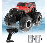 ACAMMZAR Anfibio Coche Teledirigido para niños, 2.4GHz 4WD 360° Rotación Impermeable Monster Truck para Niños Todo Terreno Off Road RC Coche con 2 Baterías 4 5 6 7 8 Niñas Regalos, Rojo