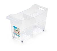 ACAN Carrito de plástico Multiusos con Ruedas y asa - 2 Compartimentos - Cesta organizadora para Productos de Limpieza, baño, Cocina - 27 x 19 x 46 cm - Transparente