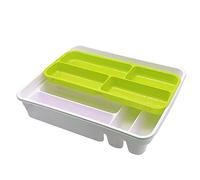 Acan - Cubertero de plástico 40 x 29 x 7,5 cm con 10 compartimentos en 2 niveles. Bandeja de cubiertos, soporte, organizador de utensilios de cocina. Ideal para cajones (Blanco y verde)