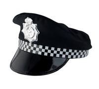 Acan Gorra de policía local de color negro con detalles blancos para jóvenes y adultos para carnaval, Halloween, fiestas de cumpleaños u otras celebraciones. Tamaño: 16 x 24 x 30 cm