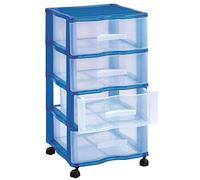 Acan Tradineur - Cajoneras Modelo Wagon - Fabricado en Plástico - Ruedas Incluidas - 4 Cajones - 67,5 x 37 x 39 cm - Color Azul - Cajones Transparentes