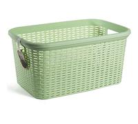 Acan Tradineur - Cesta Colada Rectangular de plástico - Fabricado en España - Capacidad de 35 litros - Estilo Mimbre - 53,5 x 36 x 26,5 cm - Color Verde Pastel