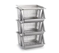 Acan Tradineur - Pack 3 cestas apilables Multiusos 58 x 38 x 29 cm,Carro verdulero 3 niveles apilables multicolores para elegir color que le gusta (Gris Plata) (PLUS)