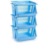 Acan Tradineur - Pack de 3 Cestas Apilables Multiusos 62 x 38,5 x 32 cm - Carro Verdulero, Organizador de Plástico Resistente - Fabricado en España (Azul Claro ) (PLUS)