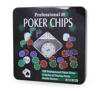 Acan Tradineur - Set de 100 fichas y 2 Barajas de póker, Caja metálica, Incluye botón de Dealer, Regalo, cumpleaños, Navidad, Juegos de Mesa - 20,4 x 19,8 x 5 cm