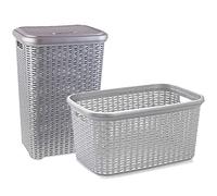 Acan Tradineur - Set de cestas Estilo Rattan - Incluye Cesta de 35 litros y pongotodo de 60 litros - Fabricado en plástico Resistente - Ideales para la Colada de la Ropa - Color Plata