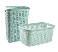 Acan Tradineur - Set de cestas Estilo Rattan - Incluye Cesta de 35 litros y pongotodo de 60 litros - Fabricado en plástico Resistente - Ideales para la Colada de la Ropa - Color Verde