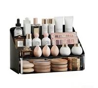 Accarugty Caja de almacenamiento de maquillaje a prueba de polvo con gran capacidad y compartimentos estilo cajón diseñados para organizar cosméticos y mantener el orden del escritorio (negro)