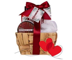 Accentra - CHERRY SPA set de baño femenino en una cesta - set de cuidado de 4 piezas con gel de ducha, sales de baño, loción corporal y esponja de red - set de regalo para San Valentín o cumpleaños