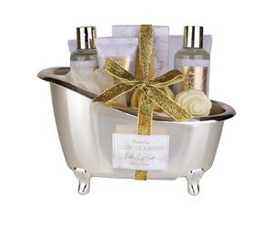 Accentra - COSY MOMENTS set de baño y ducha en oro - set de regalo de relajación para mujeres para cumpleaños o Navidad - set de bienestar y cuidado de 7 piezas en mini bañera decorativa