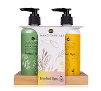 Accentra HERBAL SPA Set de cuidado de manos sobre estante de madera, jabón de manos de 290 ml y loción de manos de 290 ml, envases (papel) y botellas de material reciclado - recargables