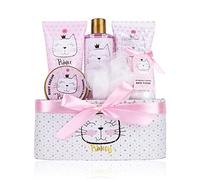 Accentra Juego de regalo PRINCESS KITTY, set regalo baño mujer con 250 ml gel de ducha, loción, exfoliante, crema, bombas de baño y esponja en cesta, aroma fresa y vainilla para cumpleaños y sorpresas